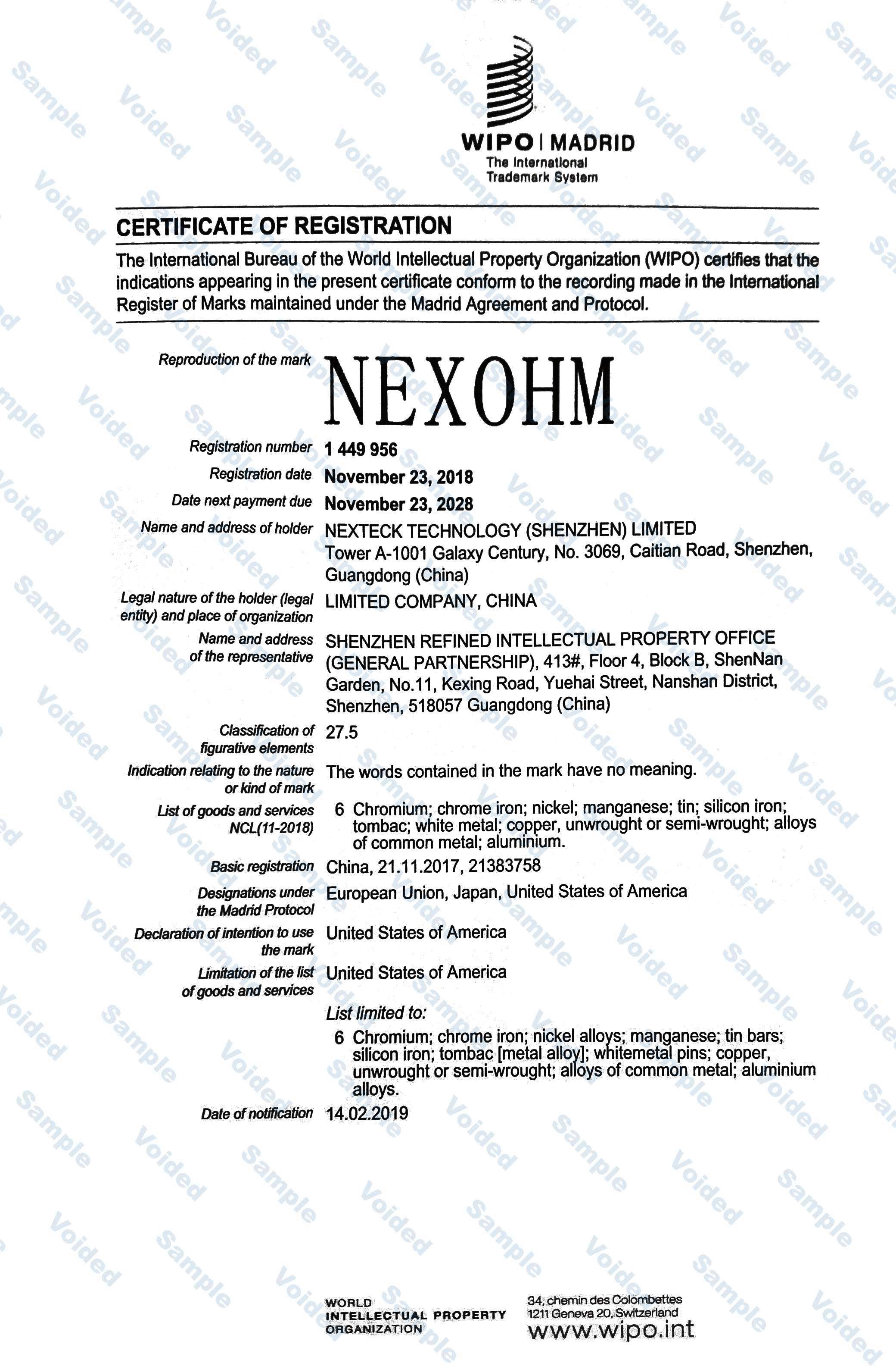 European Union Trademark Certificate